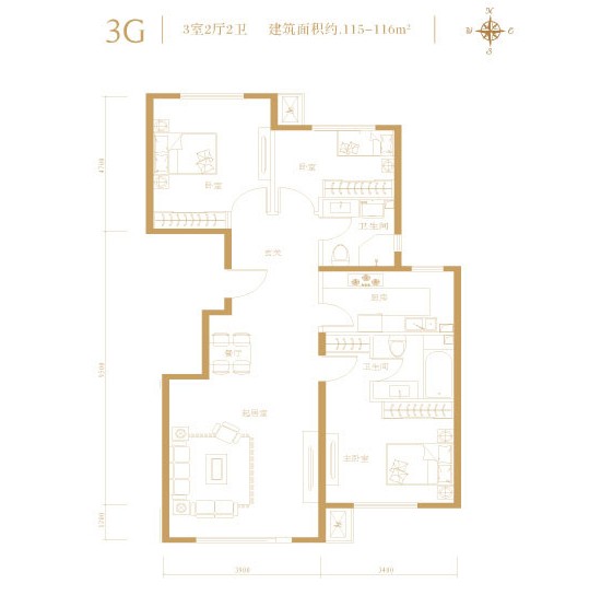 3G户型图 三室二厅二卫 115平米