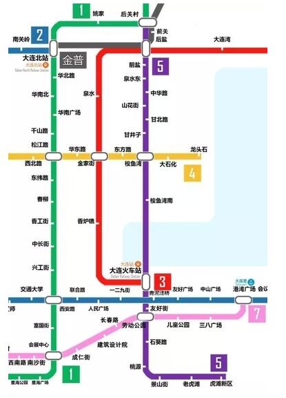 地铁5号线:虎滩新区-后关村 虎滩新区—老虎滩—景山街—桃源—石葵