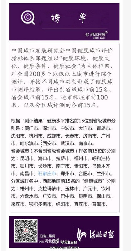 中国最健康省会城市名单公布 石家庄排名第12