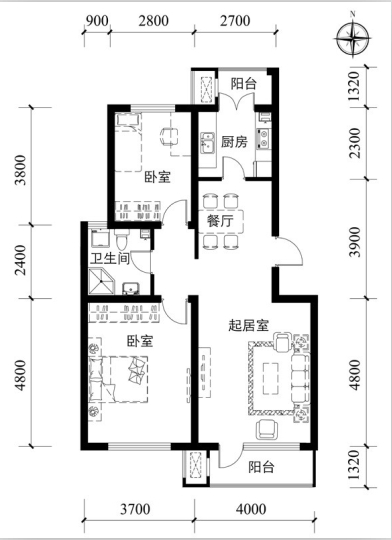 首创福特纳湾90平米二室二厅一卫户型点评(图)