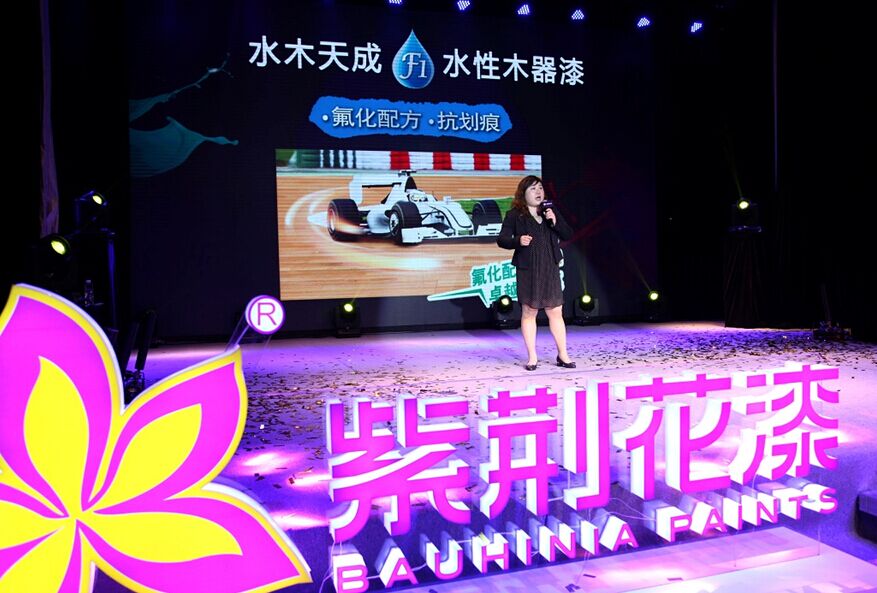 圖片五：紫荊花涂料集團產品部經理雷玲女士向現場觀眾介紹“水木天成”F1水性木器漆產品。