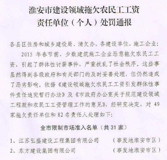 淮安市对48家拖欠农民工工资的单位进行处罚