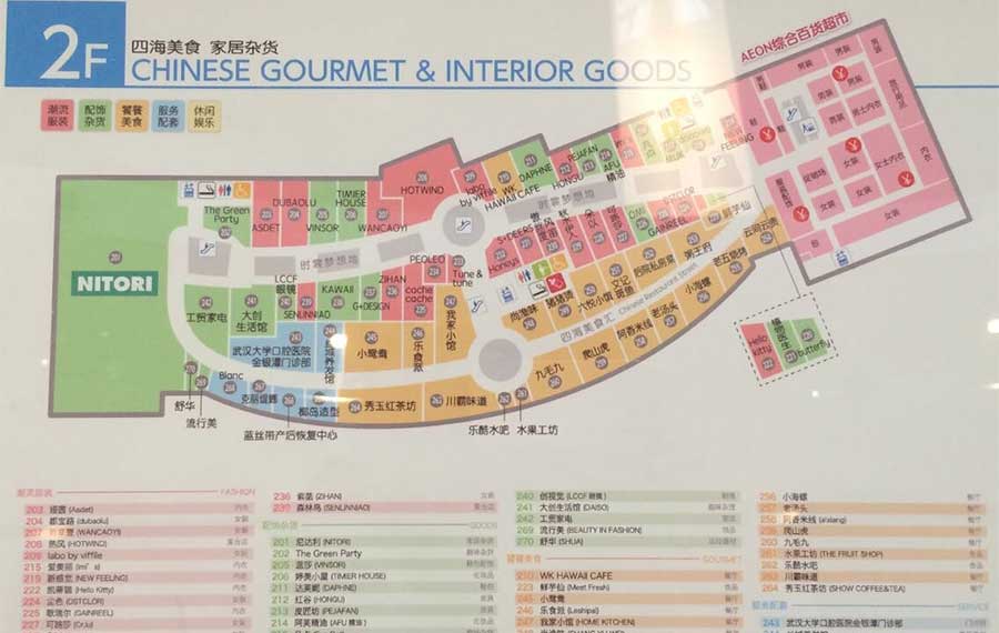图为购物中心2楼导购图,业态以美食,家居为主.