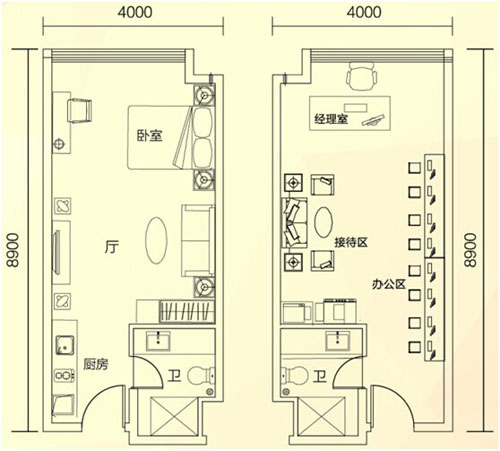 华南金谷soho公寓户型平面图(左图为公寓,右图为办公示意图)