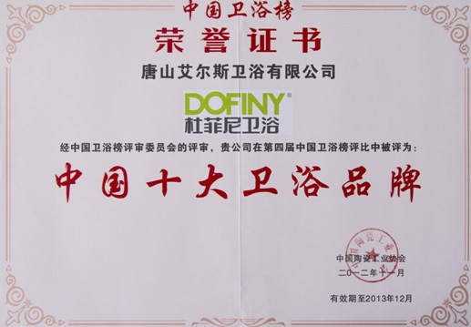 热烈祝贺杜菲尼卫浴荣获中国十大卫浴品牌