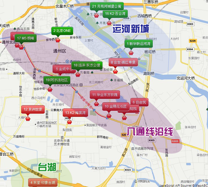图为八通线沿线板块,通州运河新城板块,台湖板块楼盘分布