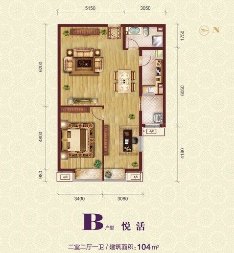 图为珠江悦公馆 户型图 B户型 悦活 104平米
